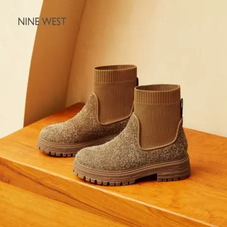 Nine West/玖熙厚底弹力靴女2025秋冬加绒袜靴百搭雪花绒休闲短靴图片