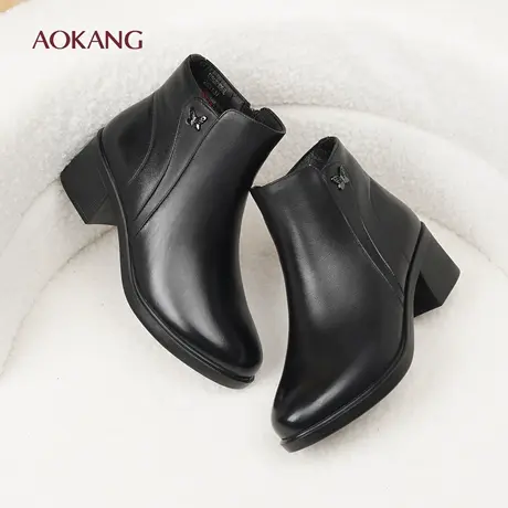 奥康 女鞋冬季新款时尚短靴加绒保暖真皮侧拉链粗跟保暖妈妈棉靴L图片