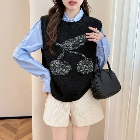 唐狮秋冬圆领套头马甲女亮片纱设计感春秋外穿时尚高级感百搭tu商品大图