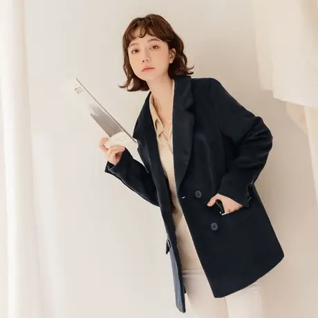 桔熊秋冬季通勤ol温暖毛呢料翻领双排扣宽松大衣外套女大码EA3394图片