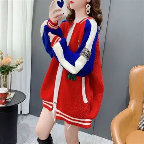 设计感贴标撞色毛衣开衫女秋季2022新款宽松休闲百搭拼接上衣外套商品大图