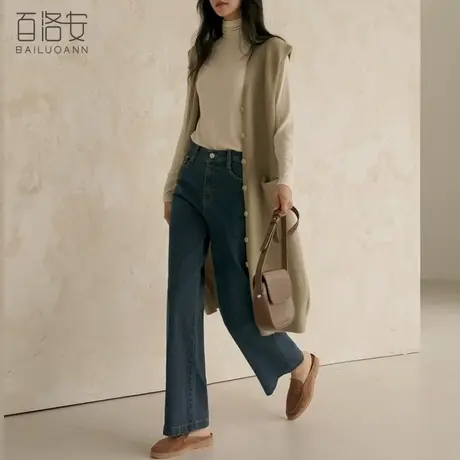 百洛安长款过膝毛衣马甲女背心秋季新款时尚V领无袖叠搭针织开衫图片