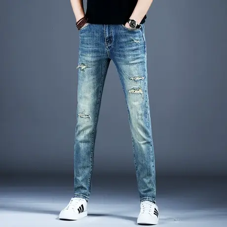 秋款款破洞复古牛仔裤男款小脚修身美式高街新款潮流裤子男士弹力图片