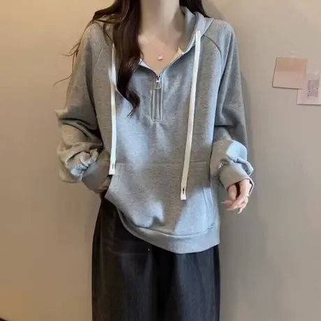 银狐绒半拉链连帽卫衣女春秋冬季加绒加厚宽松bf慵懒风上衣外套潮商品大图