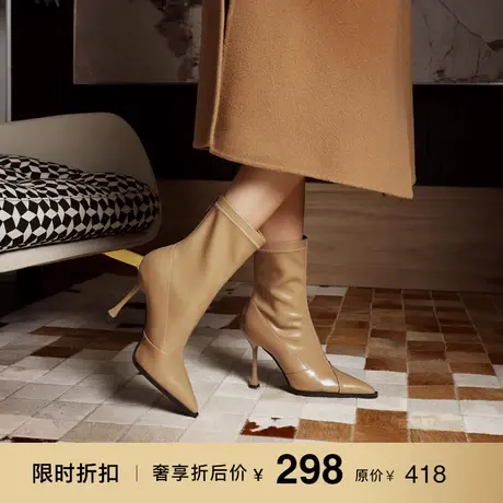 熙漫2023秋冬新款尖头细跟后拉链弹力靴时尚简约气质百搭高跟靴女图片