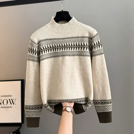 半高领加厚毛衣2023秋冬新款韩版女装撞色针织衫宽松洋气复古打底商品大图