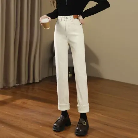 时尚气质牛仔裤2023年冬季女高腰百搭显瘦纯色加绒加厚直筒长裤商品大图