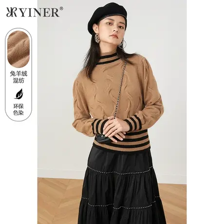 *YINER音儿奥莱女装秋季半高圆领条纹毛针织衫商品大图