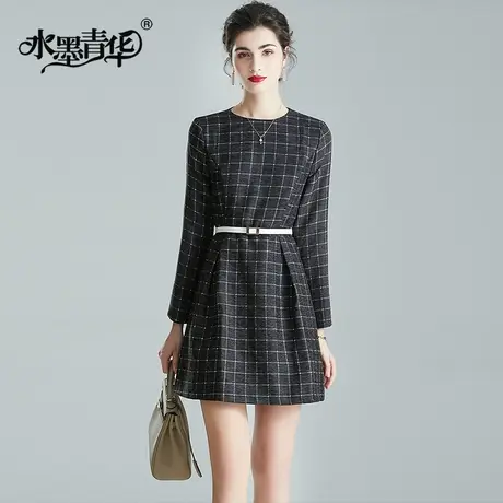【1件7.9折】冬季新品修身格纹圆领时尚连衣裙气质优雅显瘦A字裙商品大图