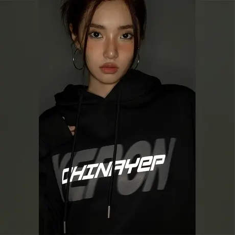 yep反光连帽卫衣女加绒oversize潮牌外套ins美式复古上衣情侣黑色商品大图