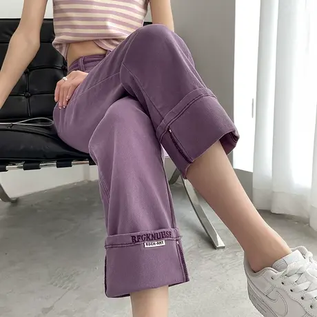 卷边直筒牛仔裤女2024春秋新款高腰显瘦宽松阔腿九分小个子烟管裤商品大图