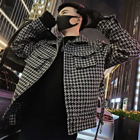 秋冬季厚款千鸟格毛呢外套男个性休闲轻熟风翻领夹克短款呢子大衣商品大图