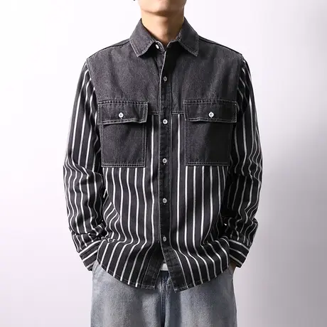 青年新款牛仔衬衫男士长袖外套秋季宽松休闲工装条纹纯棉衬衣男装商品大图