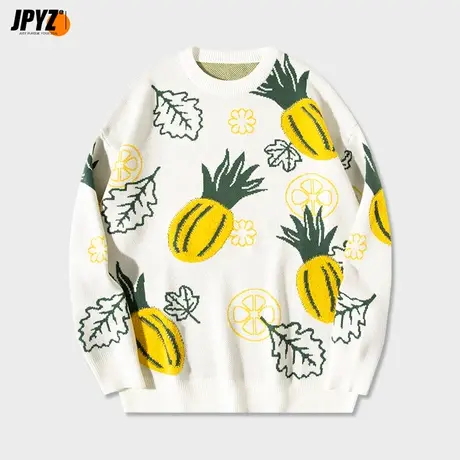 慵懒风菠萝刺绣圆领毛衣外套男国潮牌宽松秋冬季情侣长袖针织衫图片