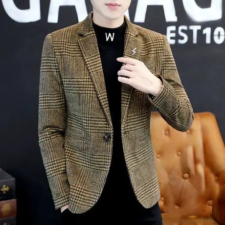 2023新款西服外套男士潮流春秋季男装韩版帅气商务休闲格子小西装图片