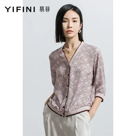 Yifini/易菲印花上衣外套女春秋新款V领宽松短款开衫雪纺衫商品大图