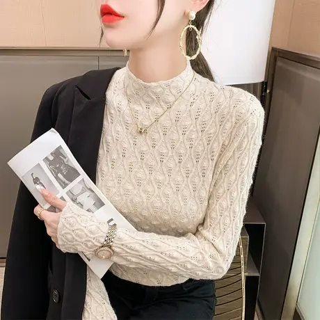 洋气肌理感钩花半高领毛衣打底衫女秋冬内搭2022新款百搭针织上衣图片