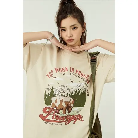 YEP2023年夏季新款美式复古印花T恤女短袖设计感小众宽松纯棉半袖商品大图