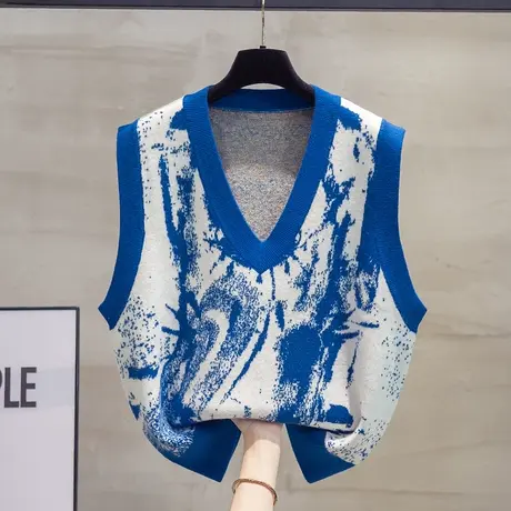 细针涂鸦v领针织马甲背心女2025春秋新款宽松马夹外穿毛衣坎肩潮商品大图