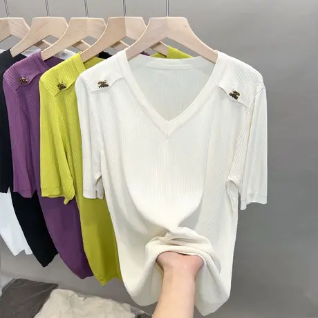 冰丝v领针织衫女2023春夏秋新款内搭打底衫中袖外穿t恤衫薄上衣潮图片