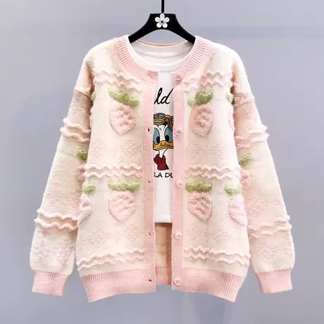 日系温柔风草莓提花毛衣外套女冬季2023新款复古宽松休闲针织开衫图片
