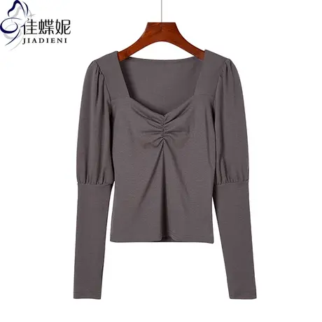 春秋新款韩版方领褶皱纯欲修身纯色纯棉长袖体恤上衣内搭女打底衫商品大图