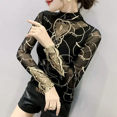 性感镂空网纱打底衫女秋冬复古印花半高领T恤长袖ins洋气紧身上衣商品大图