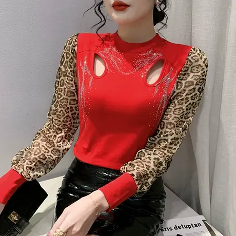 欧货豹纹撞色T恤女长袖设计感小众镂空烫钻上衣内搭紧身洋气小衫商品大图