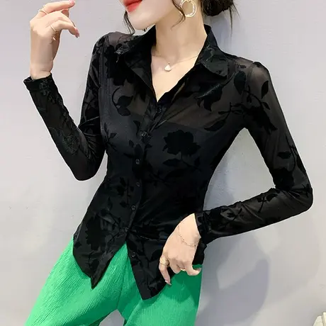 性感网纱打底衫女秋装2024新款植绒印花别致衬衫长袖气质POLO上衣图片