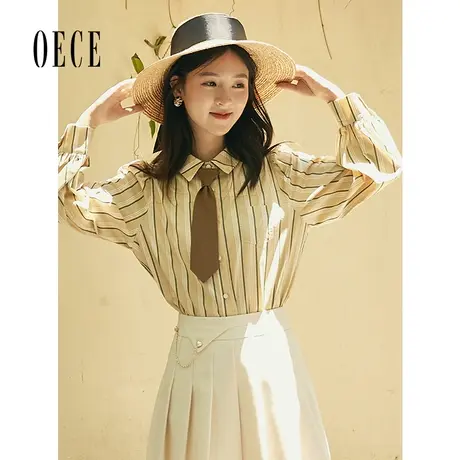 Oece气质条纹衬衫春秋秋装新款女设计感文艺气长袖上衣商品大图