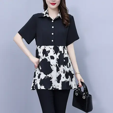 短袖女士衬衣2023夏季新款大码宽松洋气衬衣胖MM时尚减龄翻领小衫图片