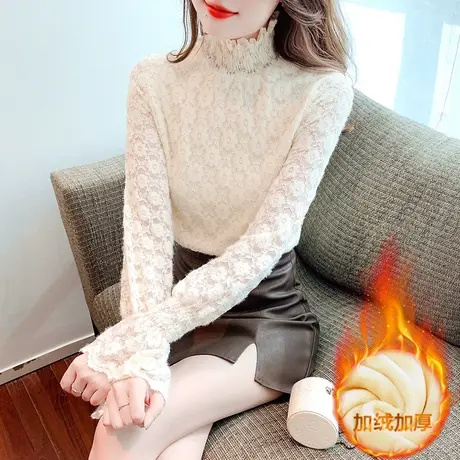 今年流行新款加绒加厚蕾丝打底衫女2023冬季漂亮洋气内搭保暖小衫图片