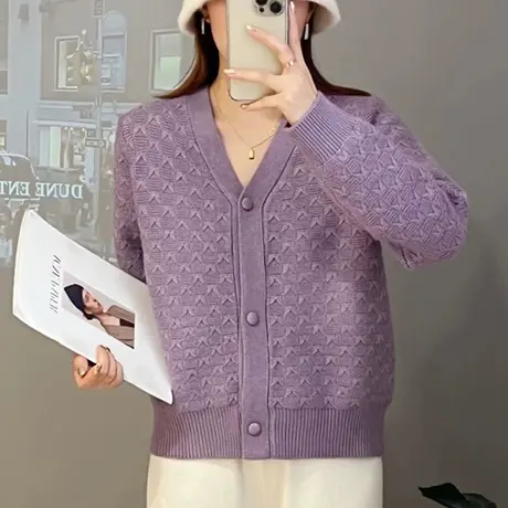 纯色复古风V领长袖针织开衫外套2023秋冬新款女外穿毛衣休闲百搭商品大图