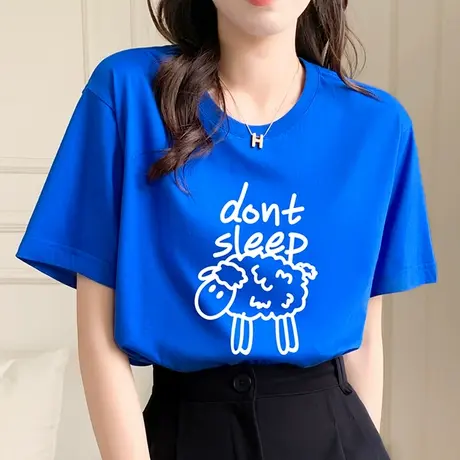 克莱因蓝短袖t恤女2023新款设计感小众夏季宽松大码纯棉上衣ins潮商品大图