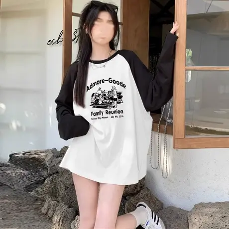 黑白撞色长袖t恤女纯棉插肩中长上衣2023秋冬新款韩版时尚打底衫商品大图