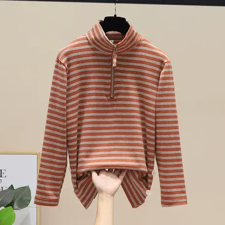 2023春秋半高领条纹长袖女士打底衫体恤拉链上衣t恤小衫外穿女装图片