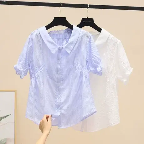 条纹娃娃领衬衫女2023夏新款小清新收腰上衣宽松泡泡短袖衬衣上衣商品大图