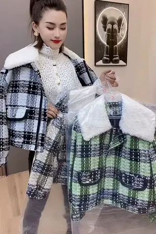 2023秋冬毛呢外套加厚女短款棉服羊羔毛翻领拼接格子时尚宽松棉衣商品大图