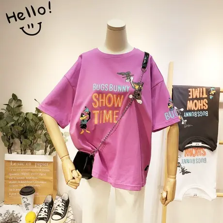 夏季女短袖香芋紫色上衣2020新款韩国卡通减龄搞怪休闲T恤大码ins商品大图