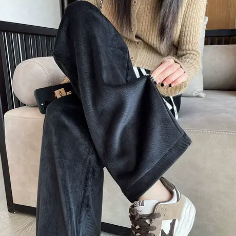 黑色雪尼尔阔腿裤女2023秋冬高腰直筒宽松显瘦休闲垂感灯芯绒裤子商品大图
