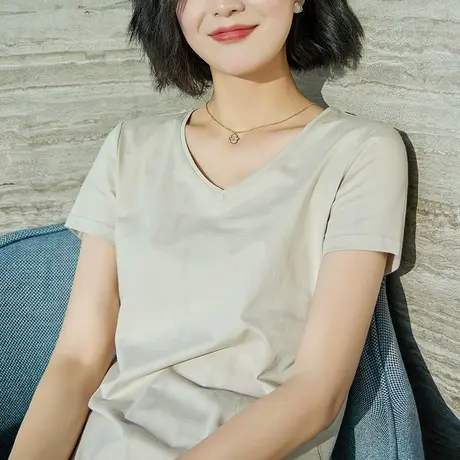雀后短袖T恤女2023夏季新款V领纯棉打底衫宽松半袖纯色百搭上衣潮商品大图