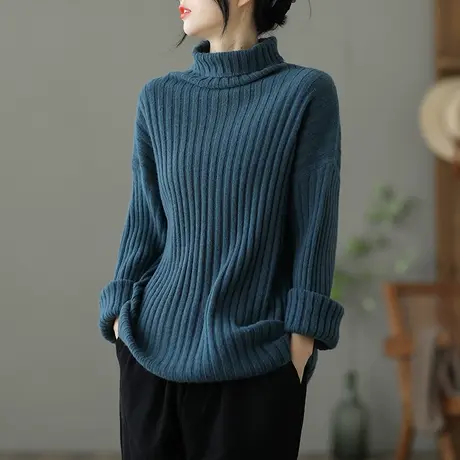 dza 复古加厚宽松高领毛衣女打底衫2022新款秋冬文艺百搭短款上衣图片