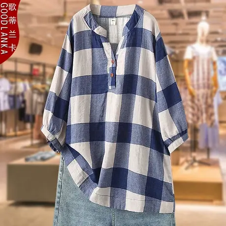 中老年夏季大码V领衬衣宽松遮肚洋气中年妈妈装棉麻格子短袖T恤女商品大图