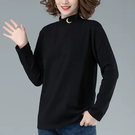 秋冬加肥加大码女装半高领打底衫纯棉宽松遮肚子百搭显瘦长袖t恤商品大图