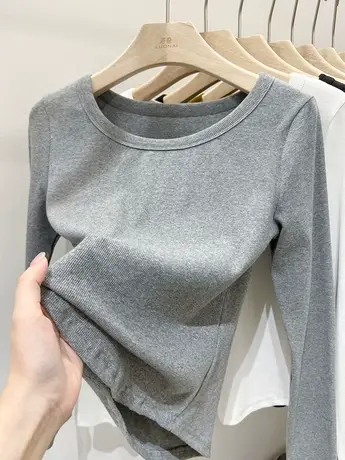 低圆领加绒打底衫女内搭秋冬2023新款欧货小衫修身上衣长袖t恤女图片