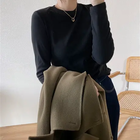 秋冬季加绒加厚保暖上衣 德绒圆领加绒领打底衫女内搭宽松长袖t恤商品大图