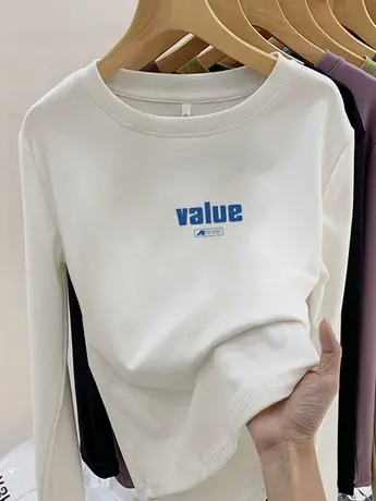 白色仿棉长袖t恤女秋冬季加绒内搭打底衫小众不撞款洋气减龄上衣商品大图