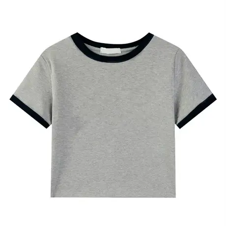 正肩辣妹拼接短袖t恤女夏新款修身显瘦圆领撞色短款高腰上衣ins潮商品大图