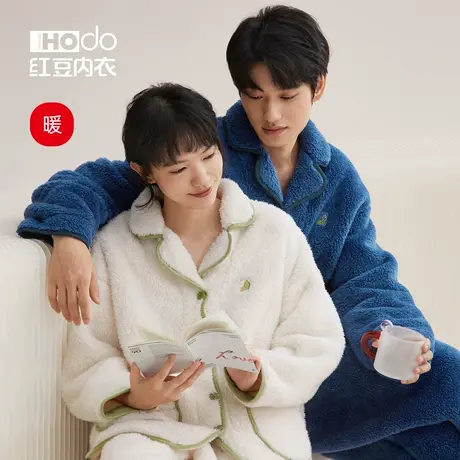 红豆泡泡绒情侣睡衣抗菌居家男珊瑚绒加厚居家法兰绒家居服套装女商品大图