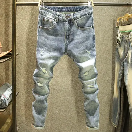 秋季复古潮牌破洞牛仔裤男款修身弹力小脚裤个性刮烂补丁设计长裤商品大图